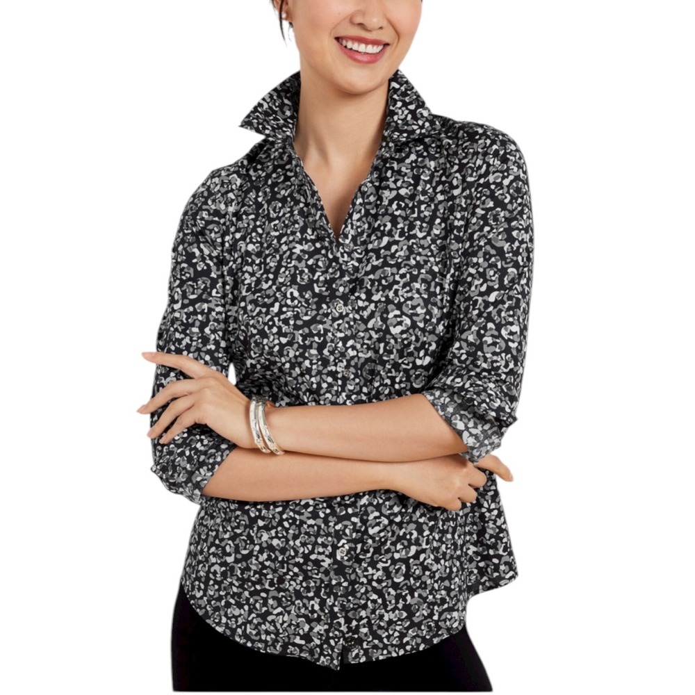 Talbots 0P Non-Iron Perfect Shirt Leopard Black White